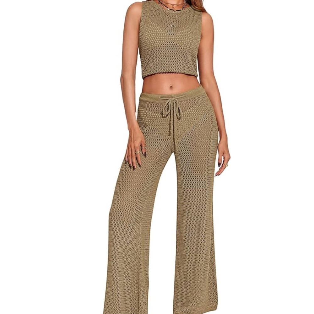 Womens 2 Piece Crochet Sleeveless Crop Top Drawstring Long Pants Beach Cover Set